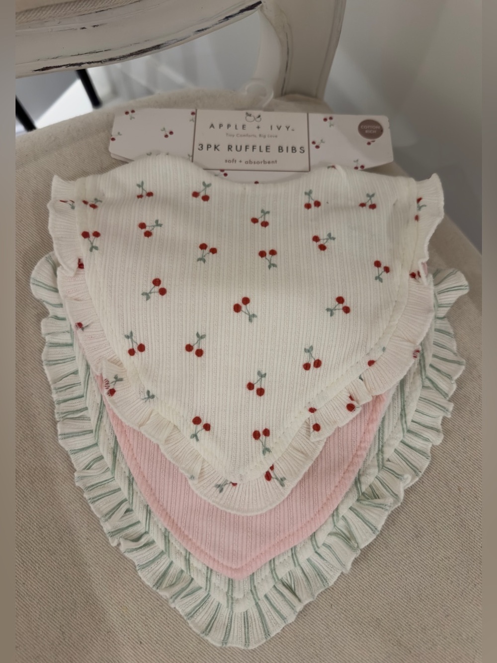 NWT 3-Pack Ruffle Baby Bibs - Cherry Print, Pink & Mint Stripe by Apple + Ivy